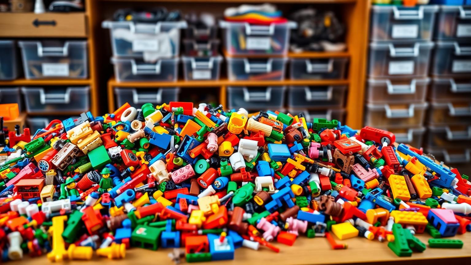 Large mixed collection of colourful plastic building bricks piled on a hobby desk in front of labelled clear storage bins