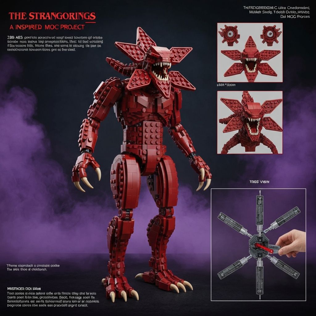 MOC-38943 Demogorgon 288-piece building set with open petal head and poseable joints on dark collector display