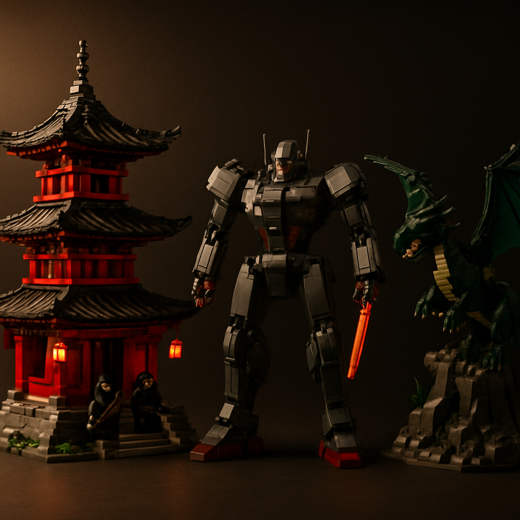 Three custom MOC models on a dark surface — a ninja pagoda temple, a poseable mech, and a dragon scene — built from high-grade ABS building blocks