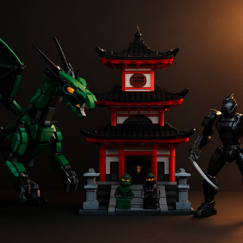Three completed ninja-themed MOC models: articulated dark dragon, three-tier temple with ninja minifigures, and poseable stealth mech with dual katana blades