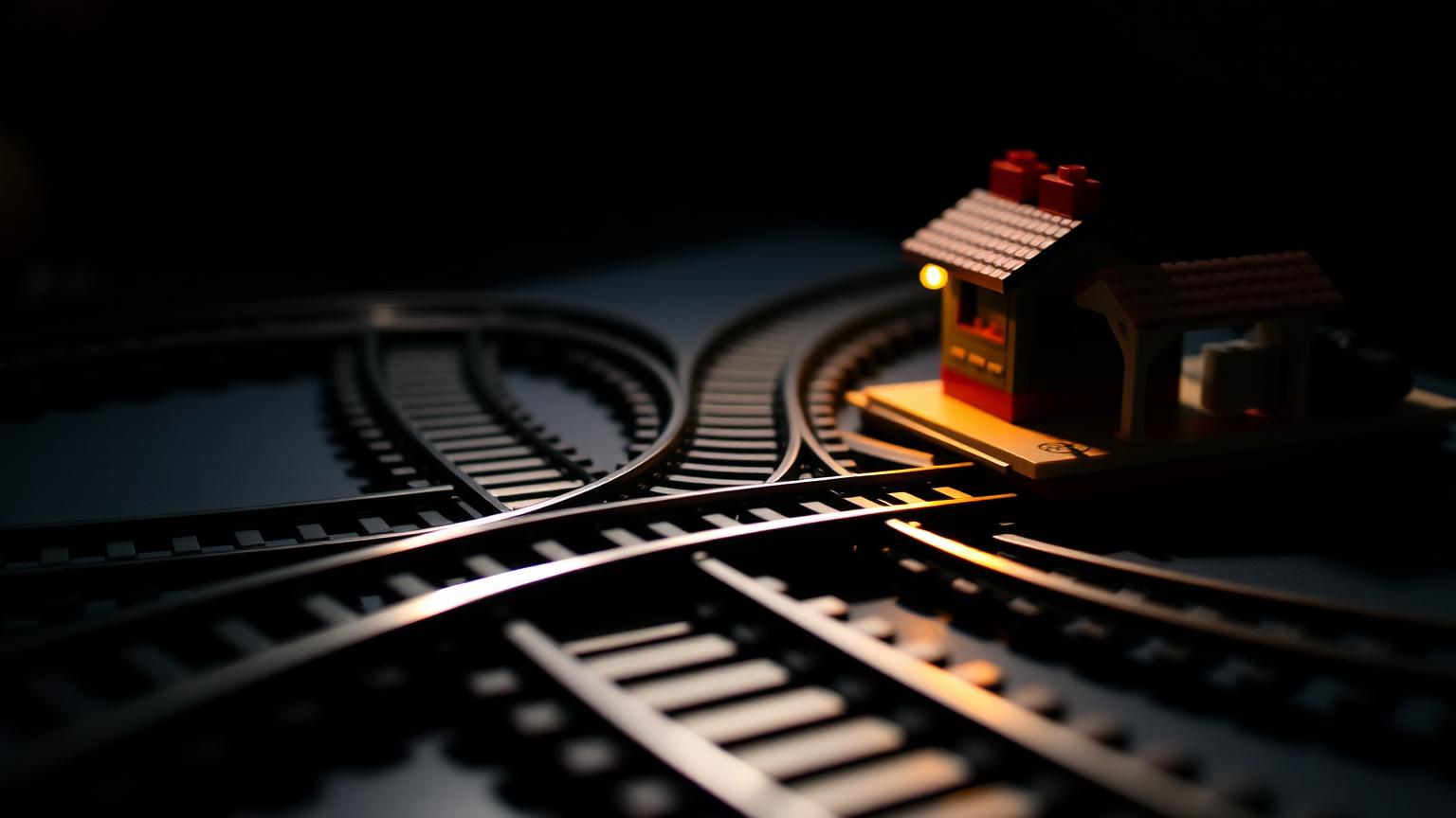 Modular LEGO compatible train track sections on baseplates joined at a flush rail seam beside a switch point and small brick station module