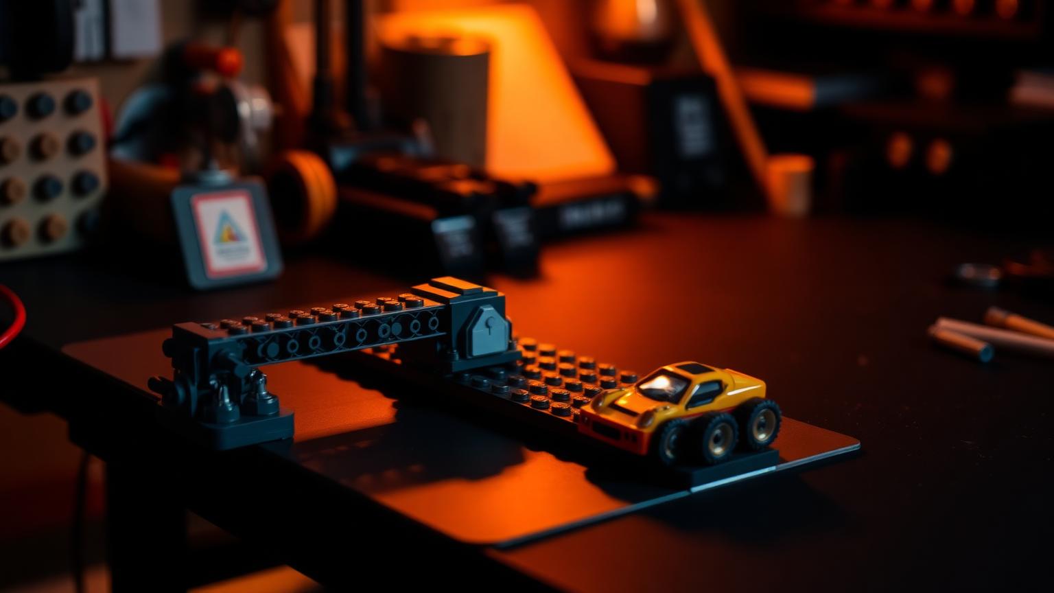 Motorized brick conveyor belt and remote control brick car with visible gear train and battery box on a dark workbench