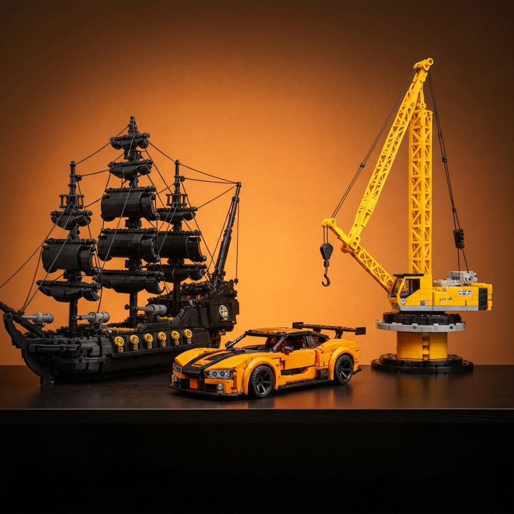 Three premium alternative building block display models: Mould King Queen Annes Revenge pirate ship, CaDA Smiling Assassin Sprint 110 race car, and Mould King 17007 Liebherr crane on a dark collector shelf with dramatic amber studio lighting