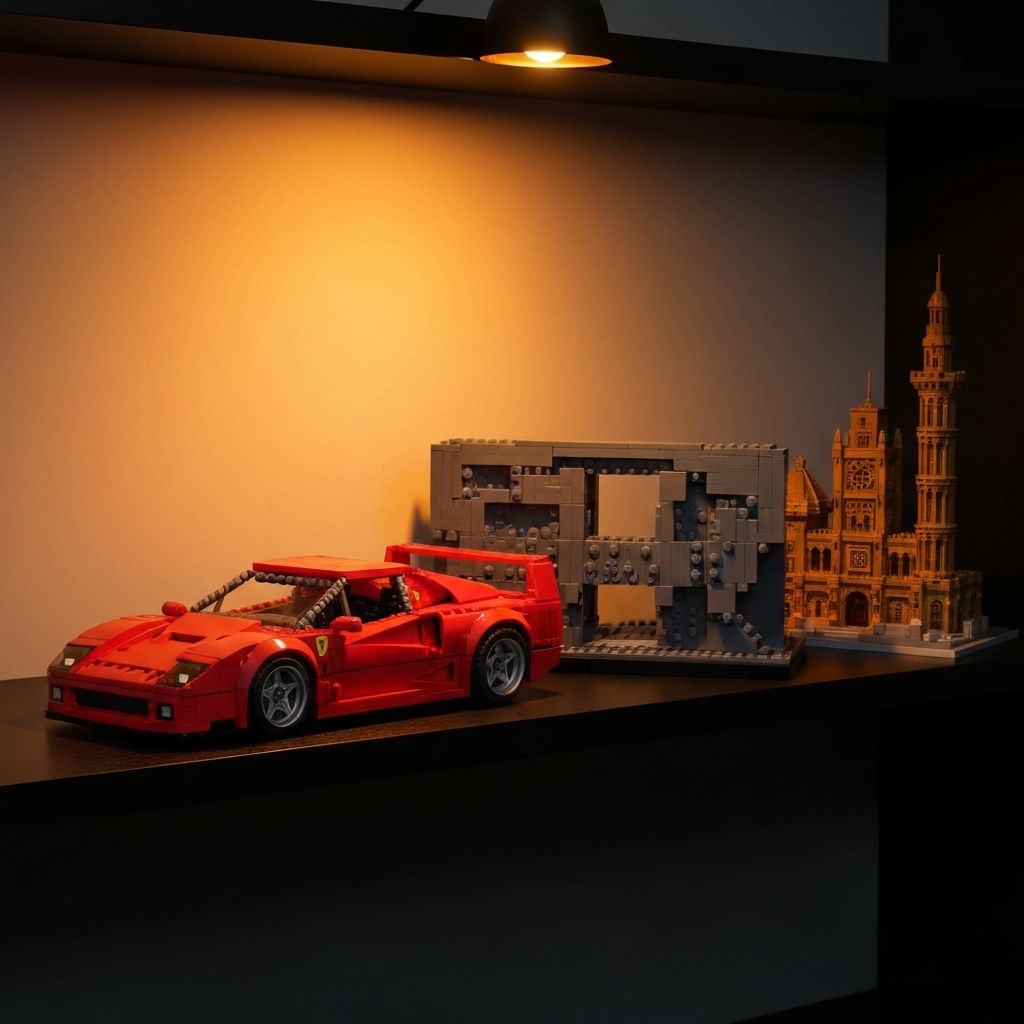 Three premium Mould King display models: a red F40 supercar, a large technical display model, and a collector landmark model arranged on a dark shelf with amber spotlight lighting