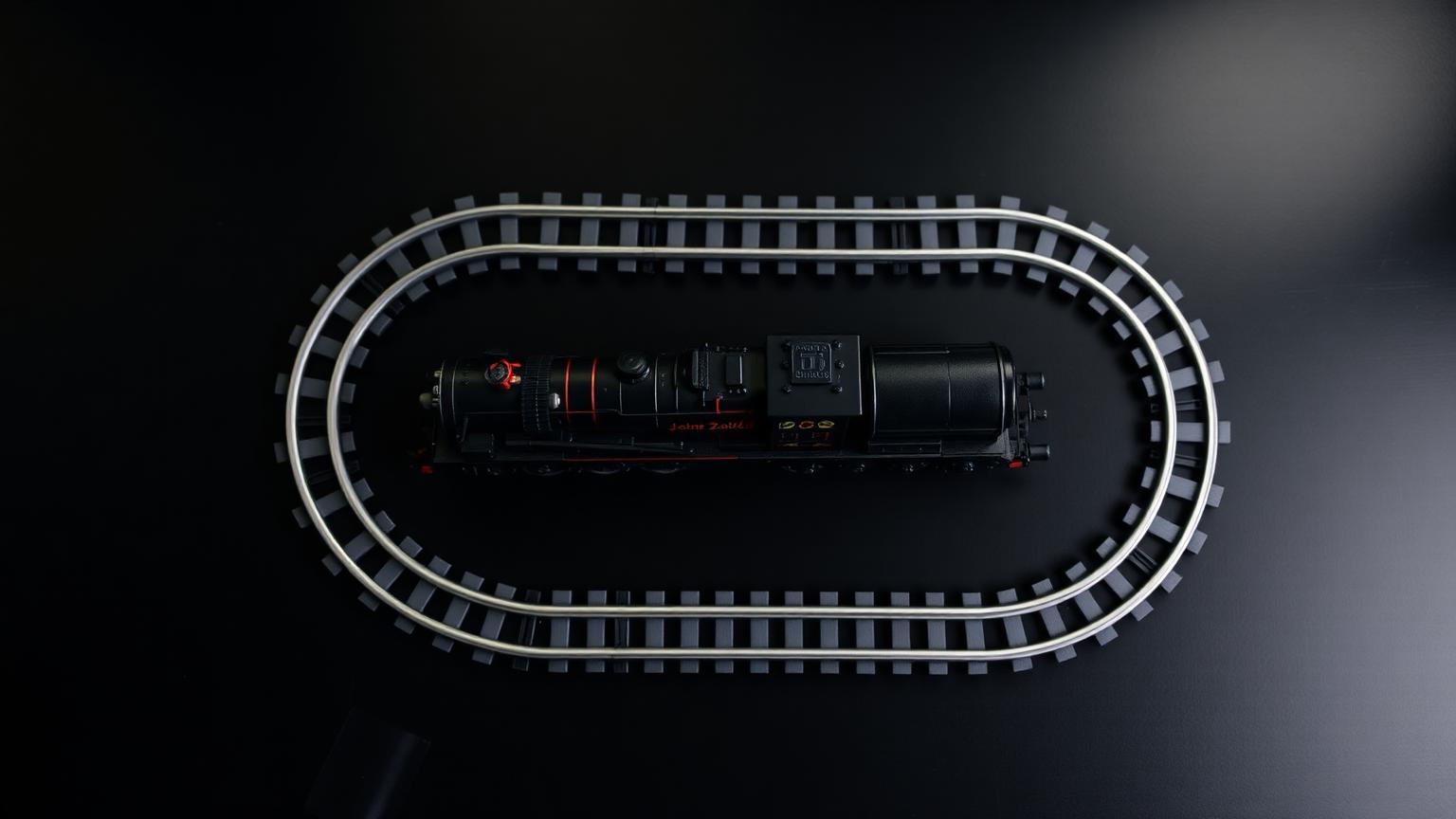 Overhead shot of a Mould King black locomotive on a LEGO-compatible plastic train track loop