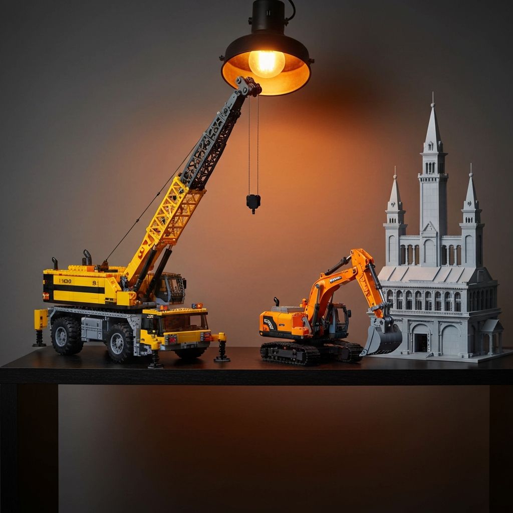 Premium Mould King large-scale building block models including a motorized crane truck, RC excavator, and architectural landmark display model on a dark collector shelf