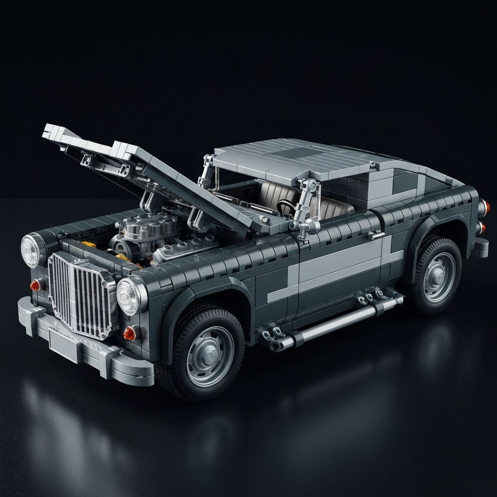 Mould King vintage car building block model with detailed V8 engine bay and working suspension, displayed on a dark surface with studio lighting