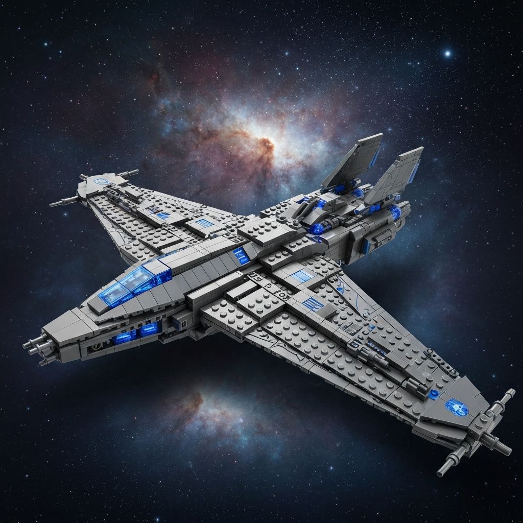 Moyu 2026 interstellar cruiser building block model displayed against a deep space nebula background