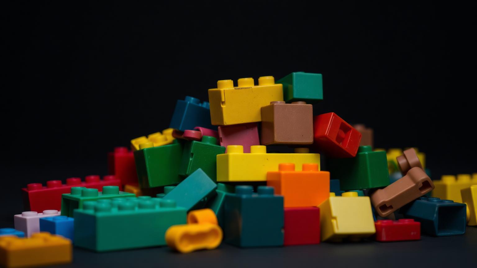 Pile of faded vintage plastic building bricks mixed with glossy new bricks on a dark background showing the shared stud system