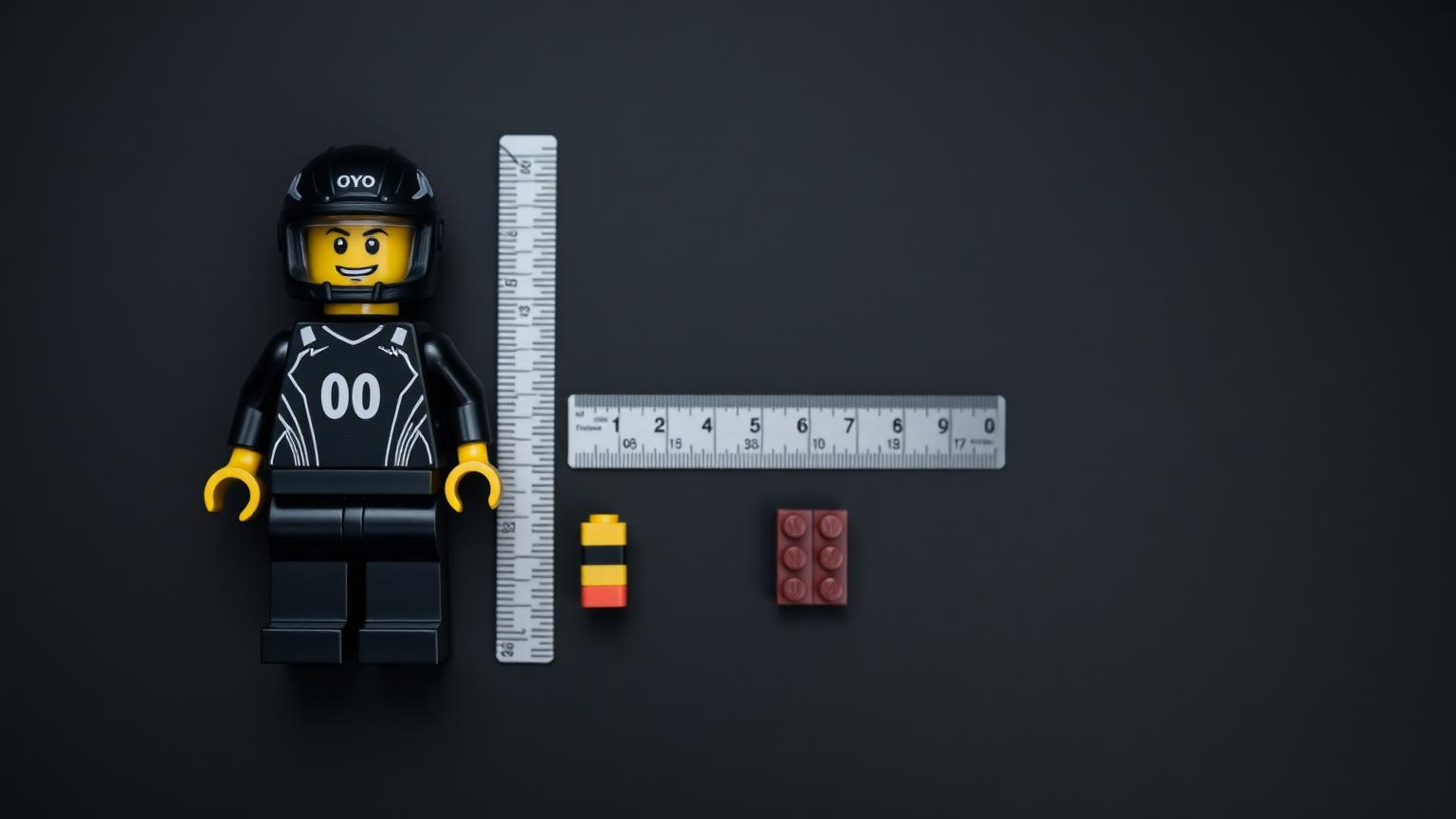 OYO sports minifigure next to a LEGO minifigure with a ruler and small stacked bricks showing scale comparison