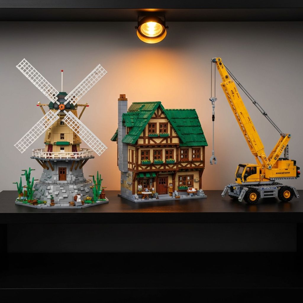 Three premium adult building block display models on a dark shelf: Dutch-style Reobrix windmill with rotating sails, modular medieval townhouse, and large yellow Technic crane with extended boom