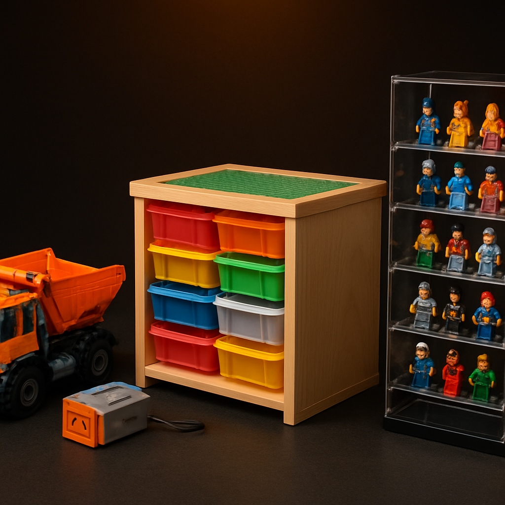 Complete adult brick builder ecosystem showing motorized Technic truck, 12-drawer building table, and UV-acrylic minifigure display case on a dark surface