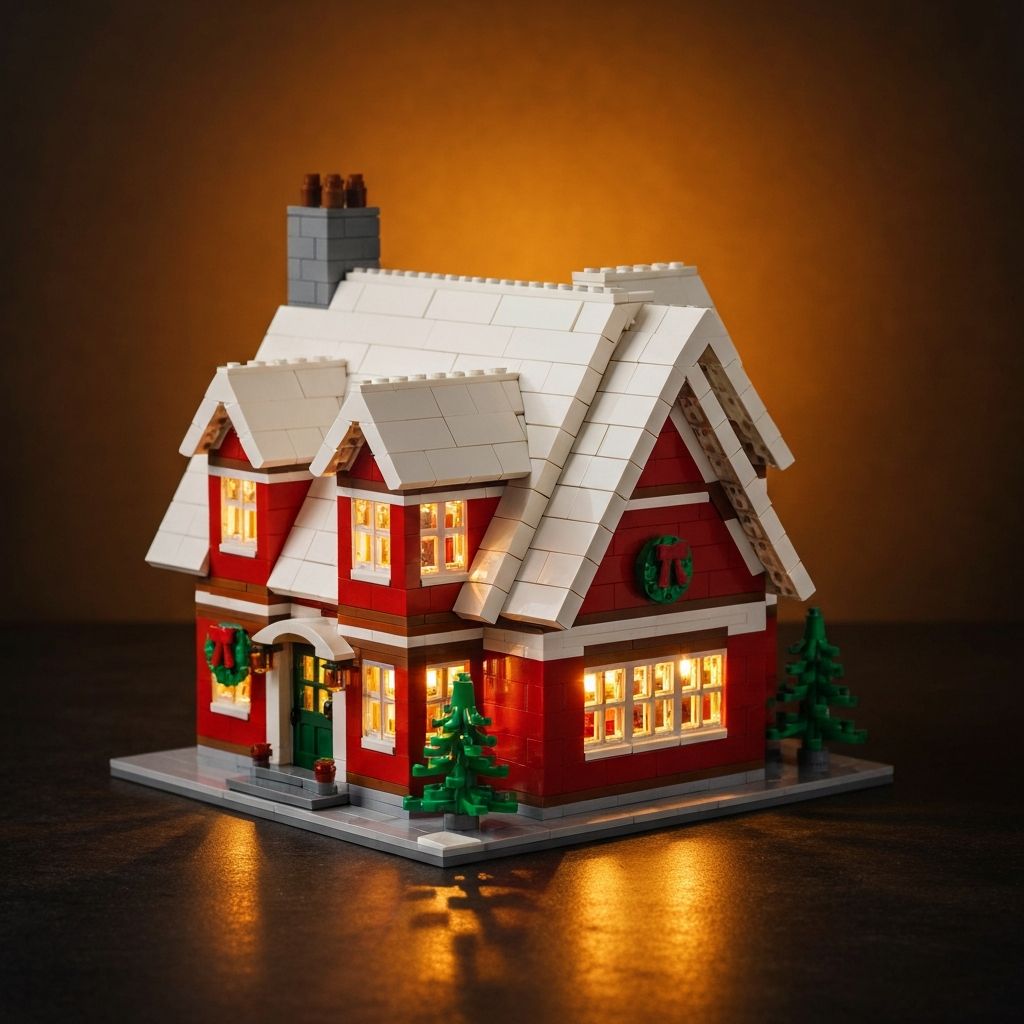 PZX Christmas House building block model with snow-capped roof and warm glowing LED windows