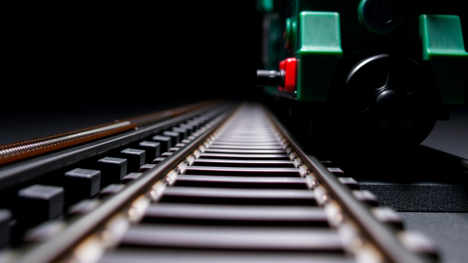 Plastic toy train track sections joined end to end with a train wheelset rolling along the rails to test rail LEGO compatible gauge