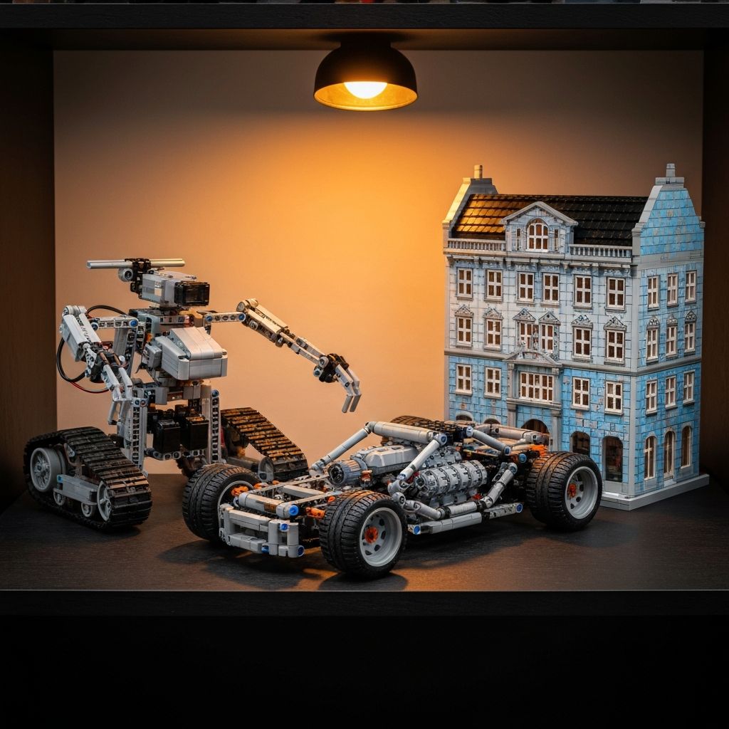 Three premium adult building block models on a dark shelf: an RC robot with servo motors and tracks, a 1:8 scale Technic supercar with exposed V8 engine, and a Brixpert architectural display model with SNOT techniques