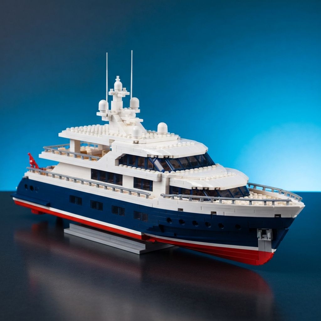 Reobrix 20001 luxury yacht 4128-piece LEGO alternative building block set — complete display model with white and navy blue hull