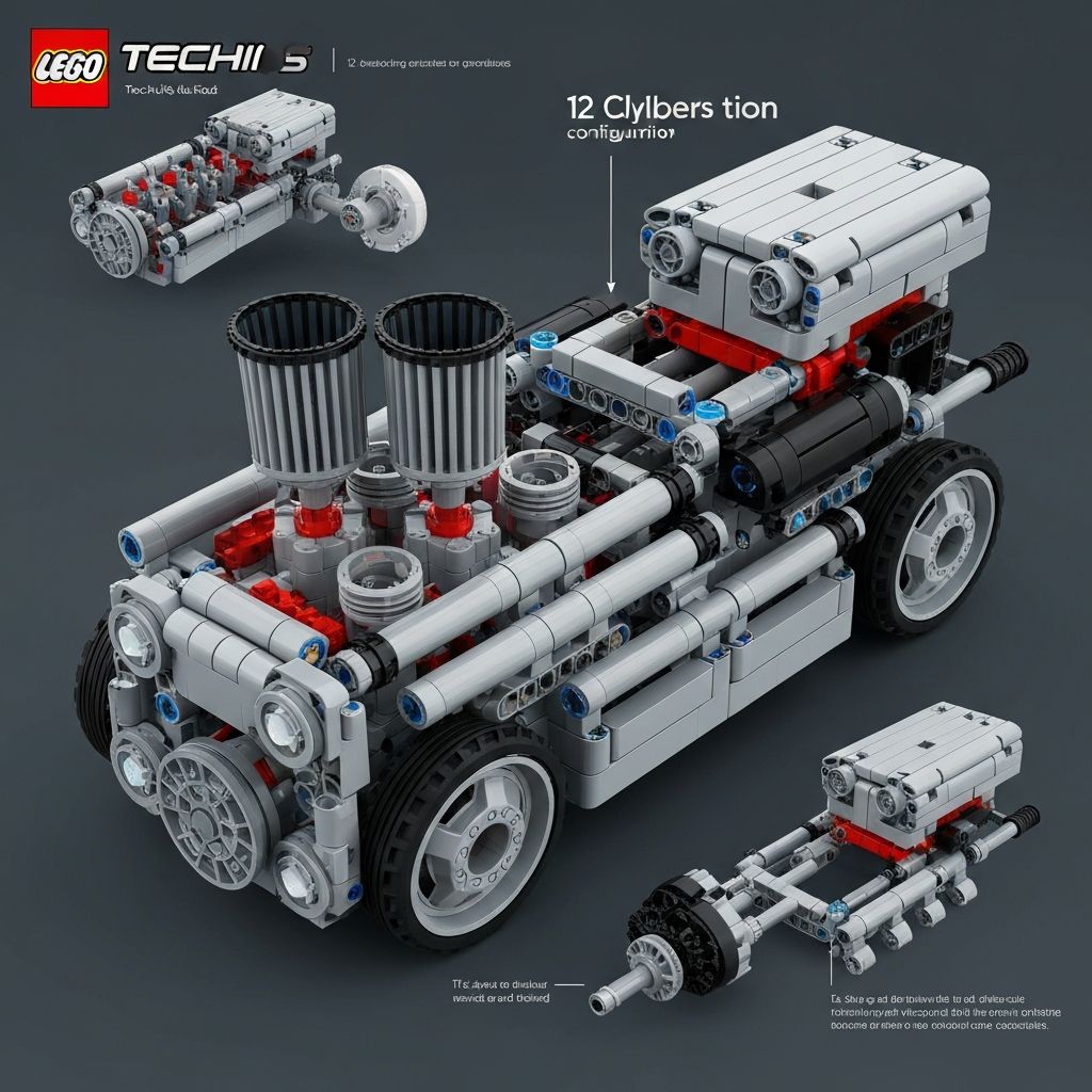 Reobrix V12 engine building block model fully assembled on display stand with visible crankshaft and pistons