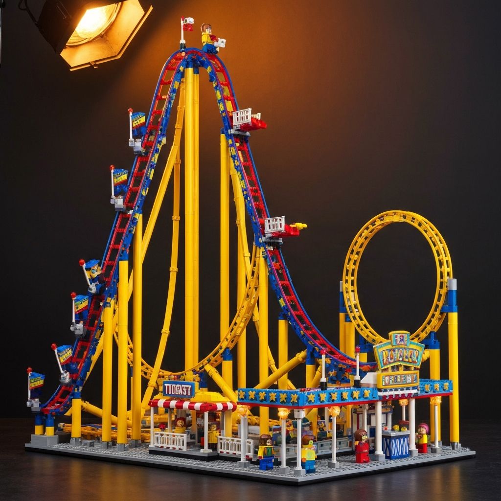 Rollercoaster 10261 Creator Expert large-scale building block fairground model on dark display surface