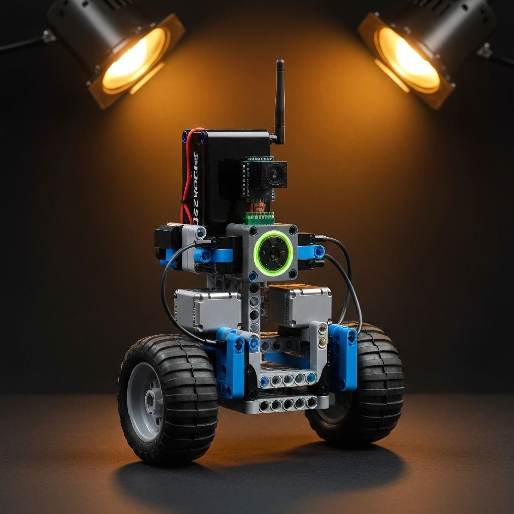 Self-balancing robot kit assembled from Technic-compatible bricks with dual DC motors MPU6050 gyroscope and STM32 smart hub on dark display surface