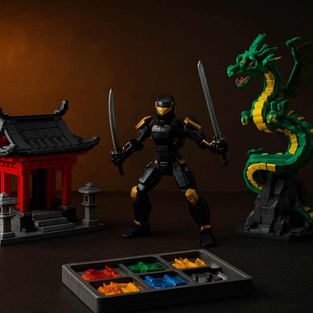 Three custom self-designed MOC models on a dark surface: a Japanese shrine, a ninja mech warrior, and a coiled serpent dragon — showcasing what moc building blocks can produce