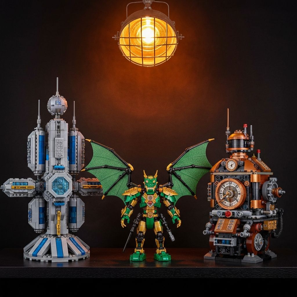 Three premium alternative building block display models: Sembo sci-fi planetary engine, Pantasy Dragon Warrior character, and Wekki retro time machine arranged on a dark collector shelf with dramatic studio lighting