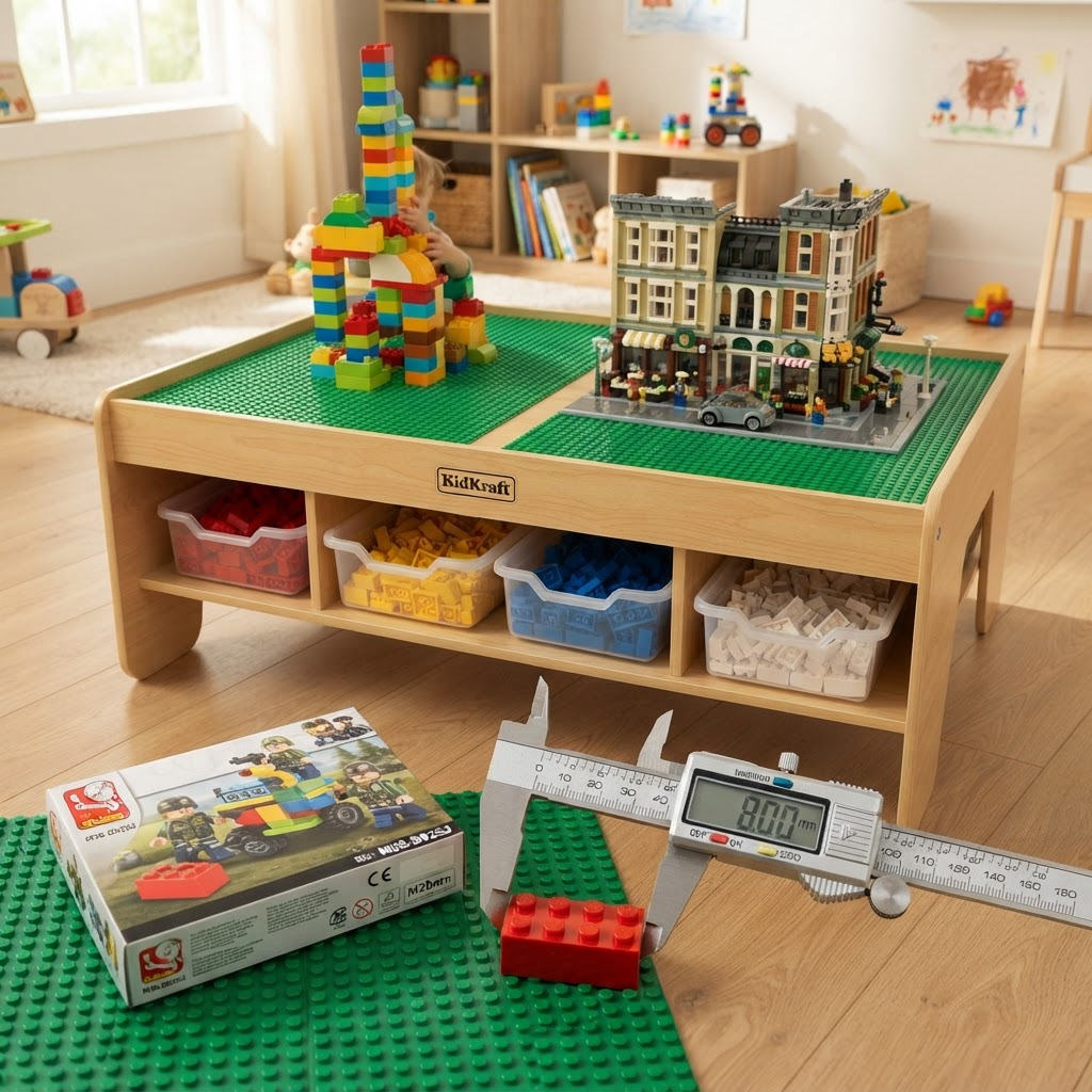 A duplo and lego compatible play table with dual baseplates showing toddler chunky bricks on the left and a standard modular street scene on the right, with sorted storage drawers underneath and a Sluban brick beside a standard brick confirming equal stud spacing