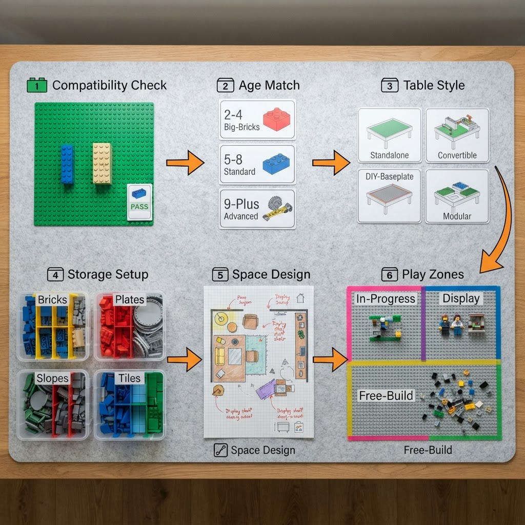 Six-step play table setup workspace showing compatibility check, age matching cards, table style diagrams, sorted storage bins, room layout sketch, and baseplate play zone plan with in-progress display and free-build zones marked