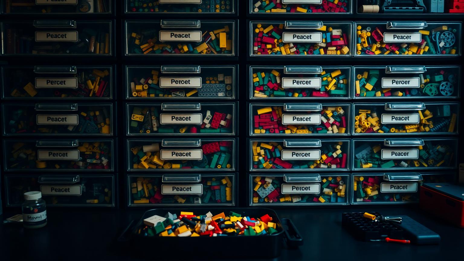 Labelled stackable drawers holding bricks sorted by part type and size beside an open working tray of frequently used pieces