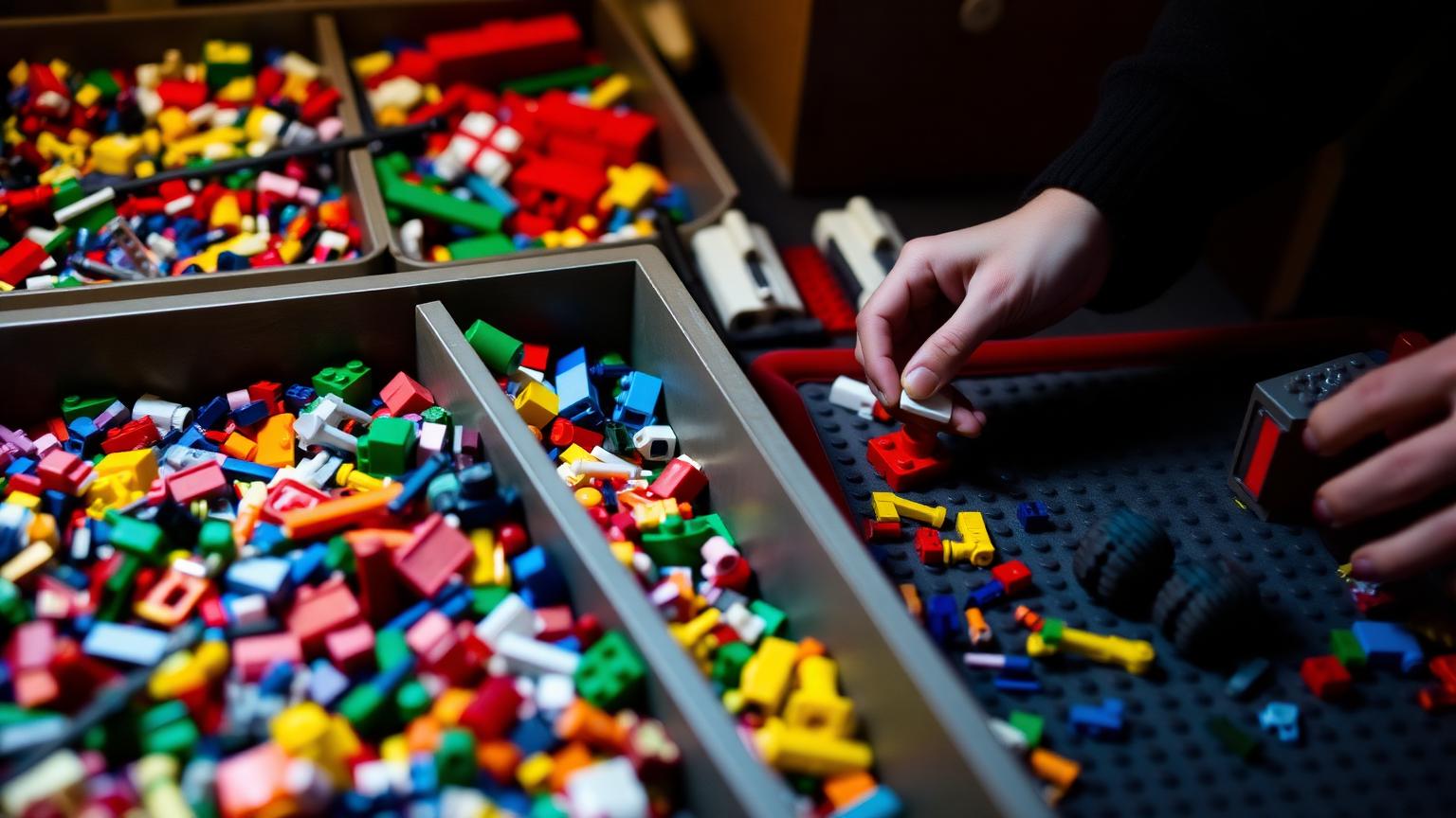 Sorting trays filled with building bricks grouped by colour and size next to a partly built model