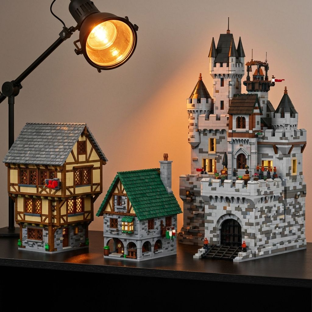 Three premium adult building block display models on a dark shelf: modular medieval timber-frame house, stone tavern, and Bärenfels Castle fortress