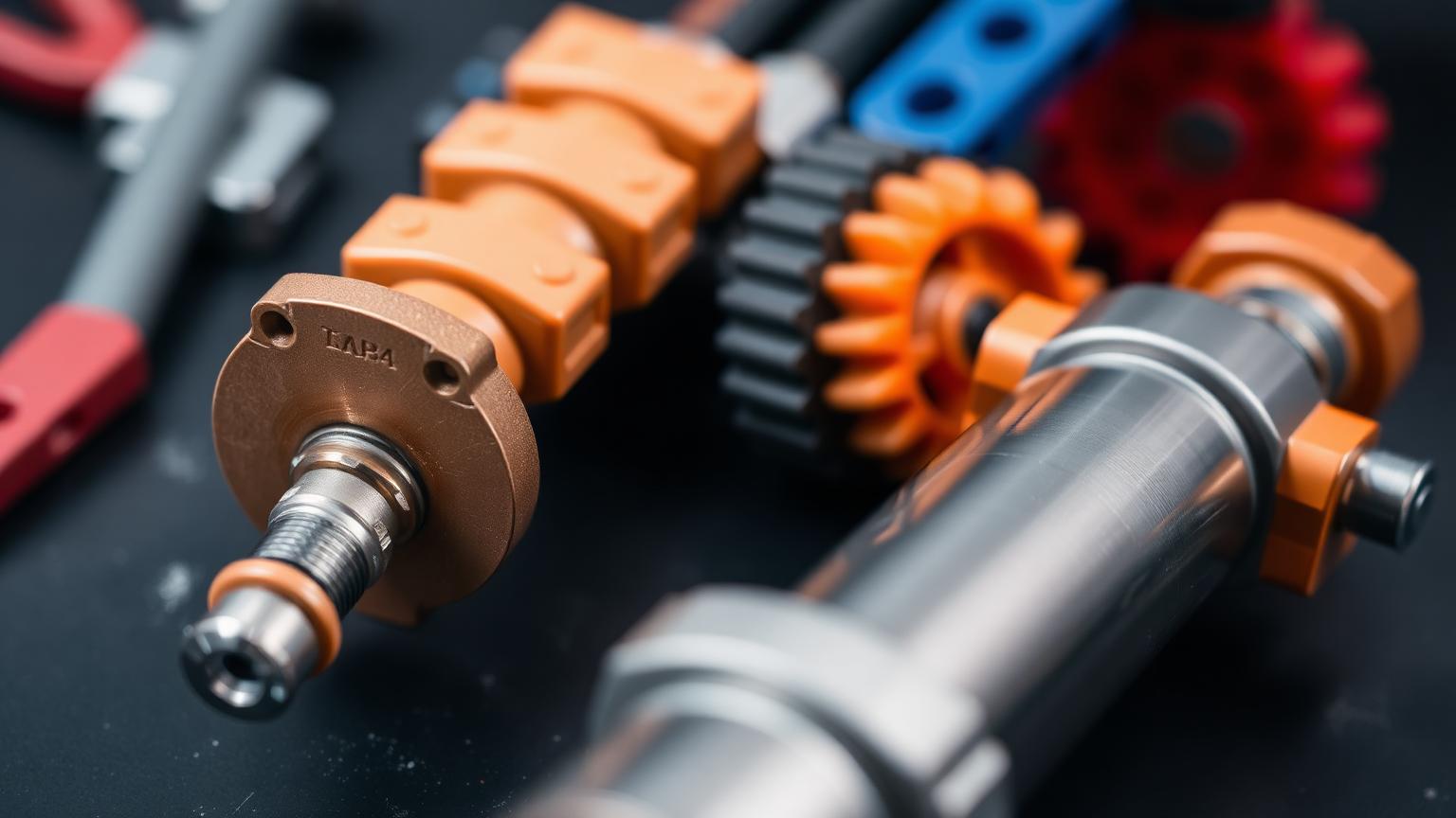 Macro comparison of a metal LEGO compatible steel axle beside plastic Technic axles and gears on a dark workbench