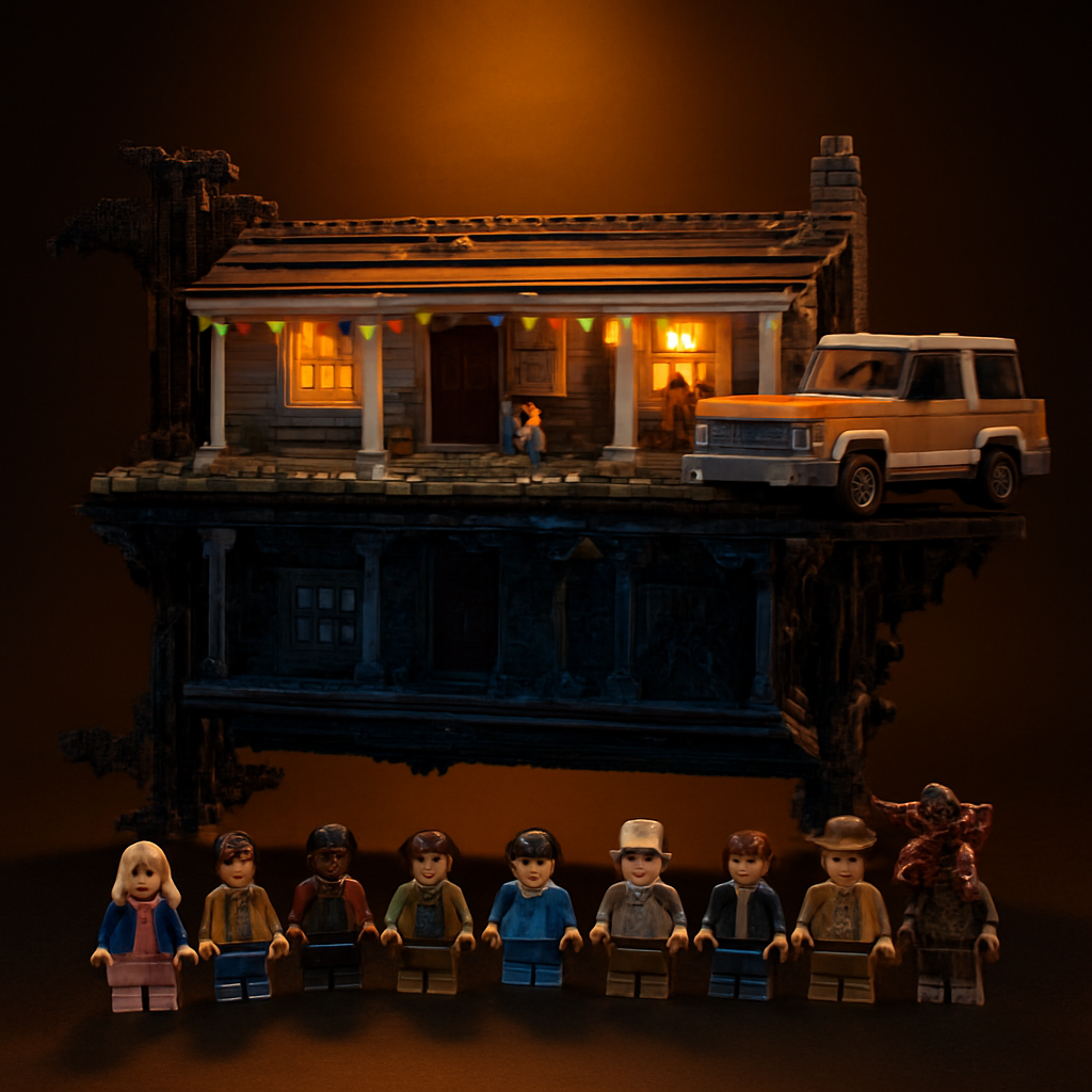 Stranger Things The Upside Down 75810 completed display model showing dual-world flip design with normal world Byers cabin on top and vine-covered Upside Down dimension below, eight minifigures arranged beside the set