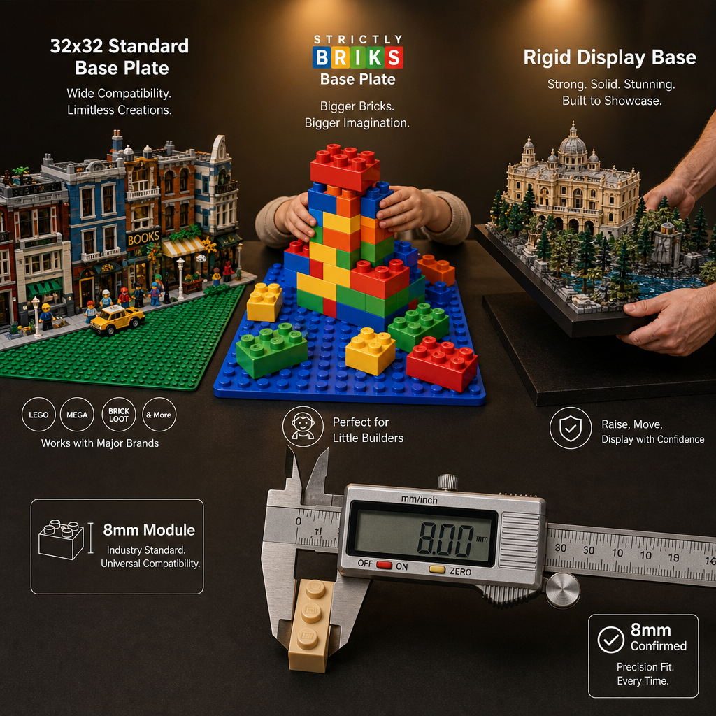 Three zones showing standard base plate with city build, toddler-scale Strictly Briks compatible with LEGO DUPLO tower, and rigid base brick with diorama being lifted
