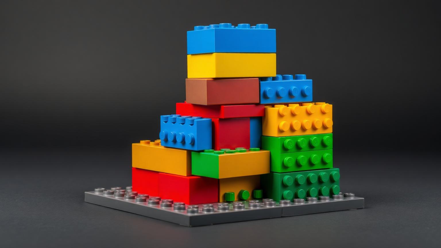 Large toddler-scale DUPLO-compatible bricks in red, blue, yellow and green stacked on a grey baseplate
