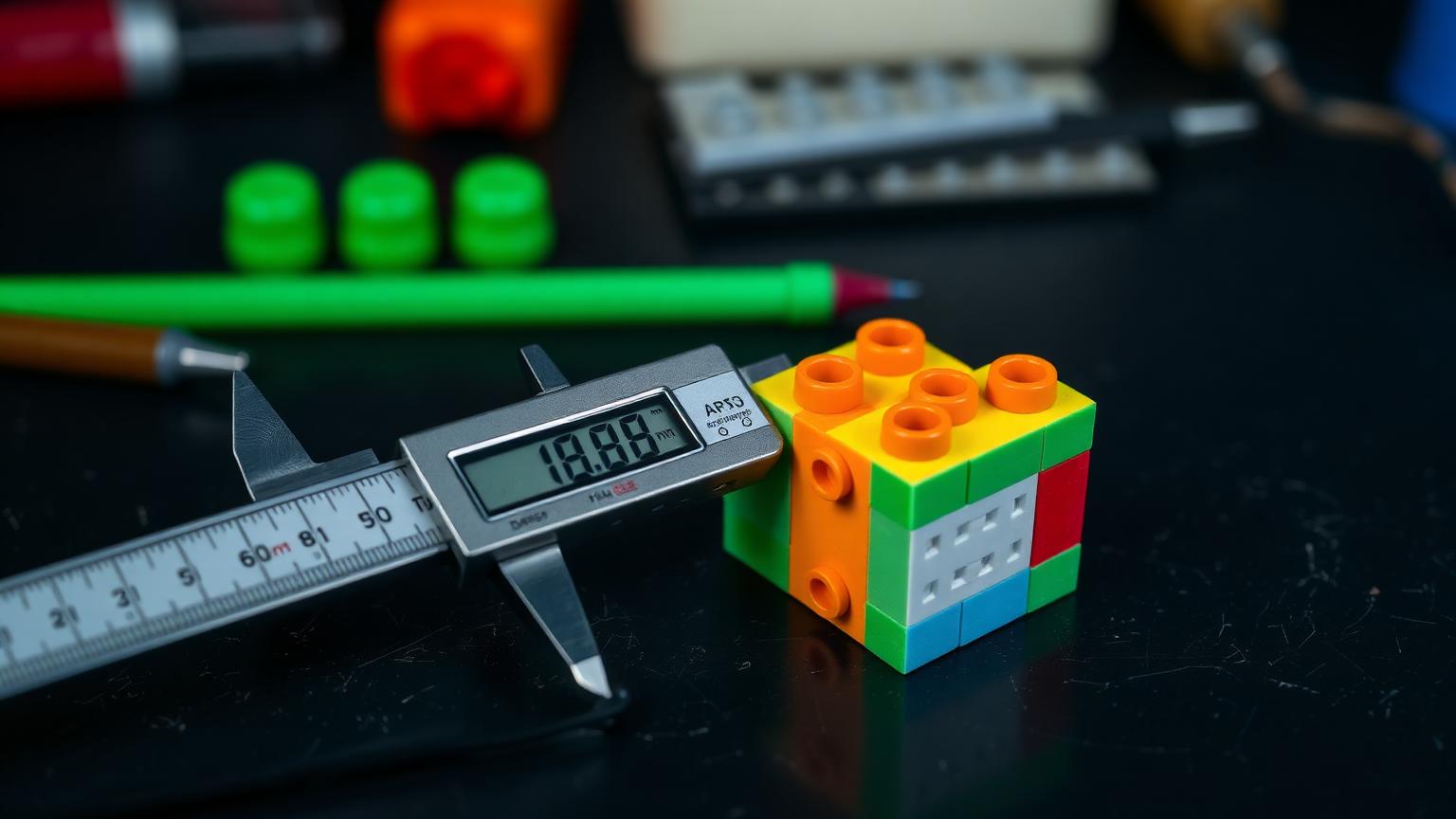 Digital caliper measuring stud diameter of a colorful ABS building brick on a dark workbench