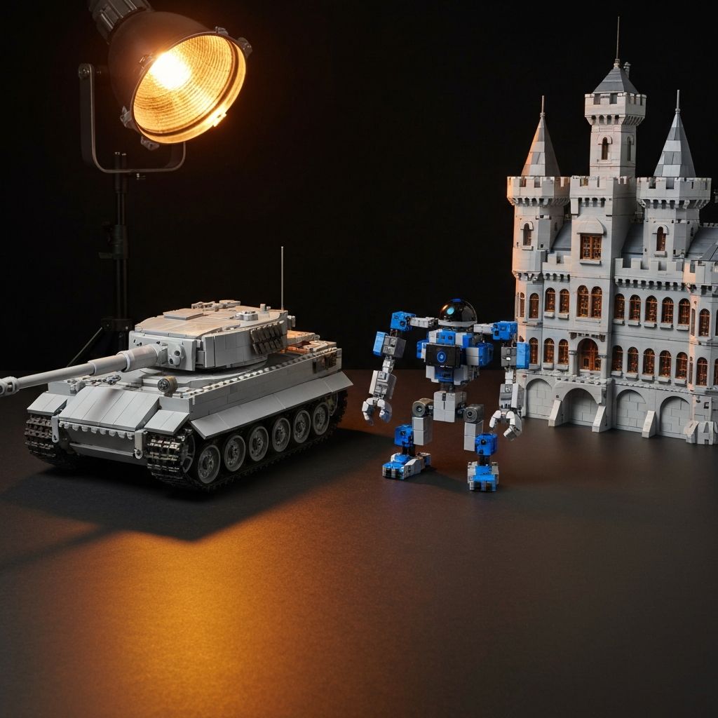 Tiger heavy tank model, programmable robot toy, and Brixpert designer set displayed side by side on a dark surface with amber studio lighting