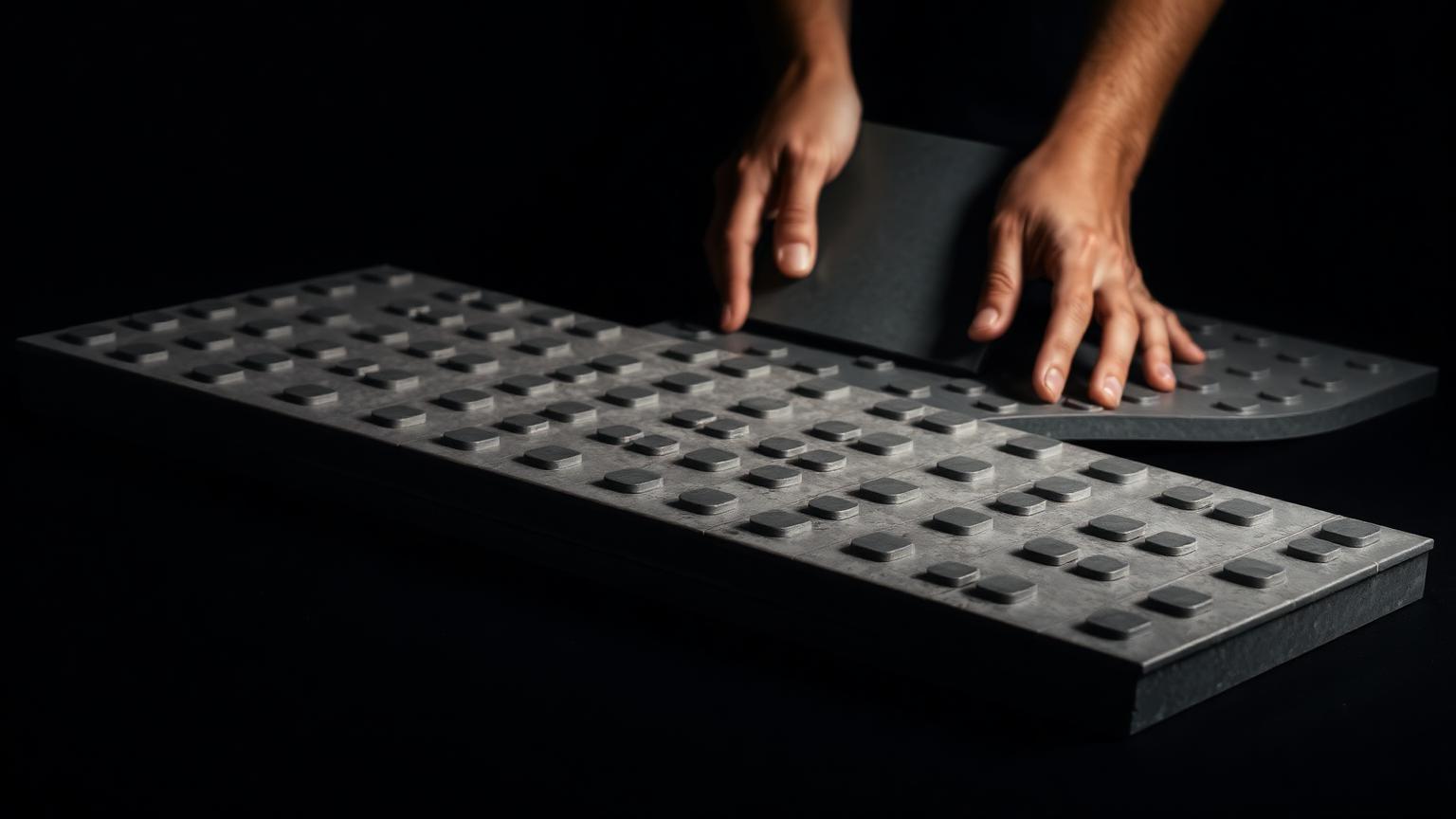 Hands aligning several grey building base plates tiled edge to edge and bridged underneath with long plates on a dark table