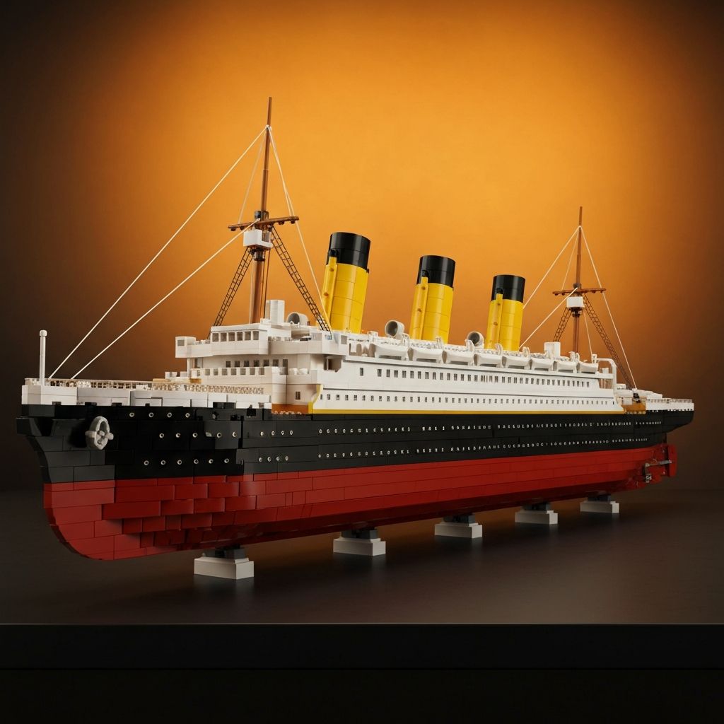 Titanic 10294 Creator Expert completed 1:200 scale model on display cradle, 135cm long hull with four yellow-capped funnels and tensioned mast rigging