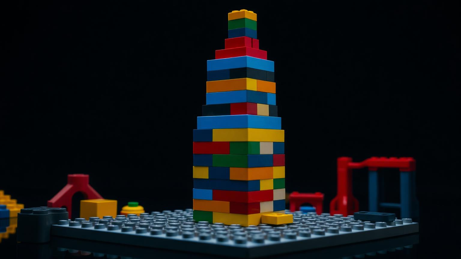 Colourful large-scale building bricks stacked into a sturdy tower on a big base plate with smaller detail bricks on top for a toddler-safe hybrid setup