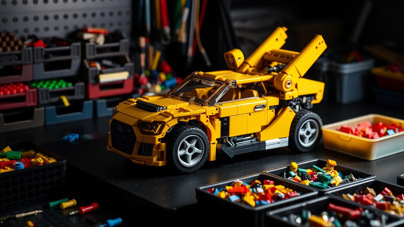 Yellow brick-built transforming robot car model mid-transformation on a dark workbench beside trays of sorted building bricks