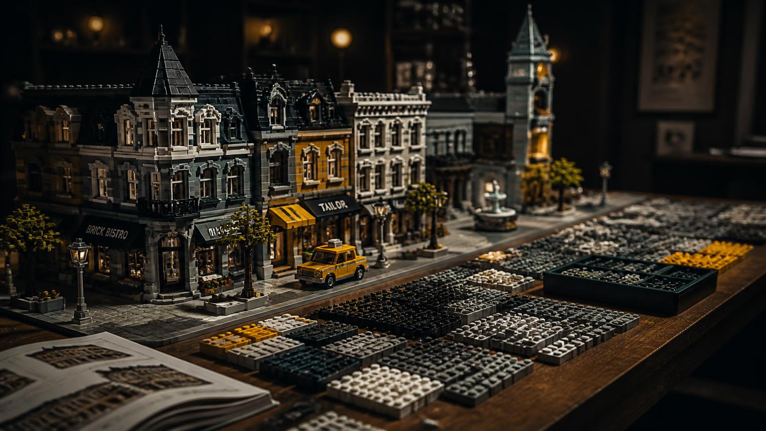 Modular brick city street model beside neatly sorted trays of grey, black, white and yellow LEGO compatible bricks on a workbench