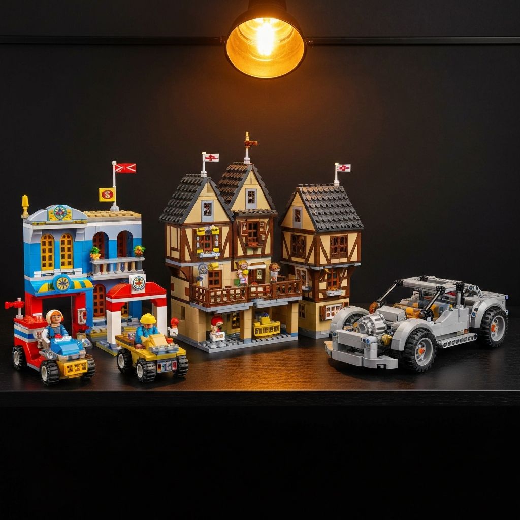 Three building block models side by side: a colorful kids city fire station set, a modular medieval townhouse, and a detailed adult Technic supercar chassis on a dark display surface