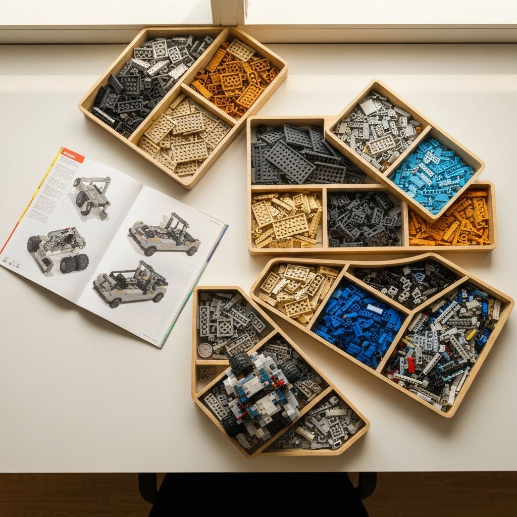 Overhead view of an organized adult building block workspace with multiple shallow sorting traysed with ABS bricks sorted by part type, open instruction booklet, and partially completed model
