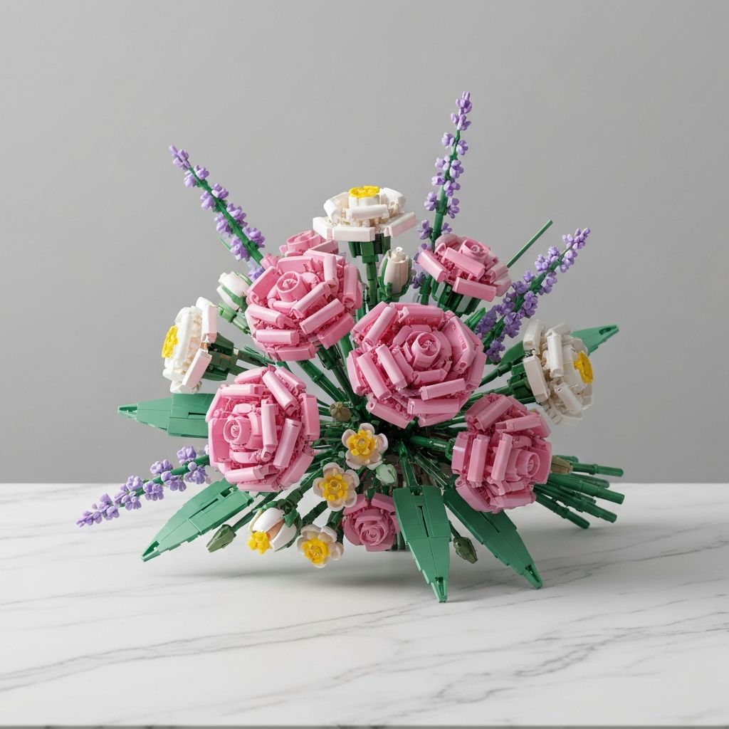 Premium MOREBYBOURN botanical flower brick arrangement — intricate rose bouquet and wildflowers in pastel ABS bricks