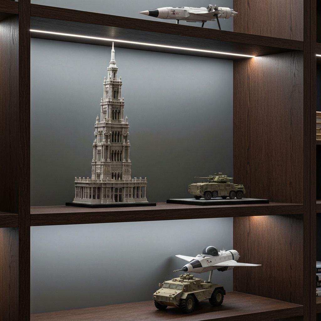 Three flagship adult building block sets displayed on a shelf with a holiday buyer checklist — collectible building sets for adult collectors in 2026
