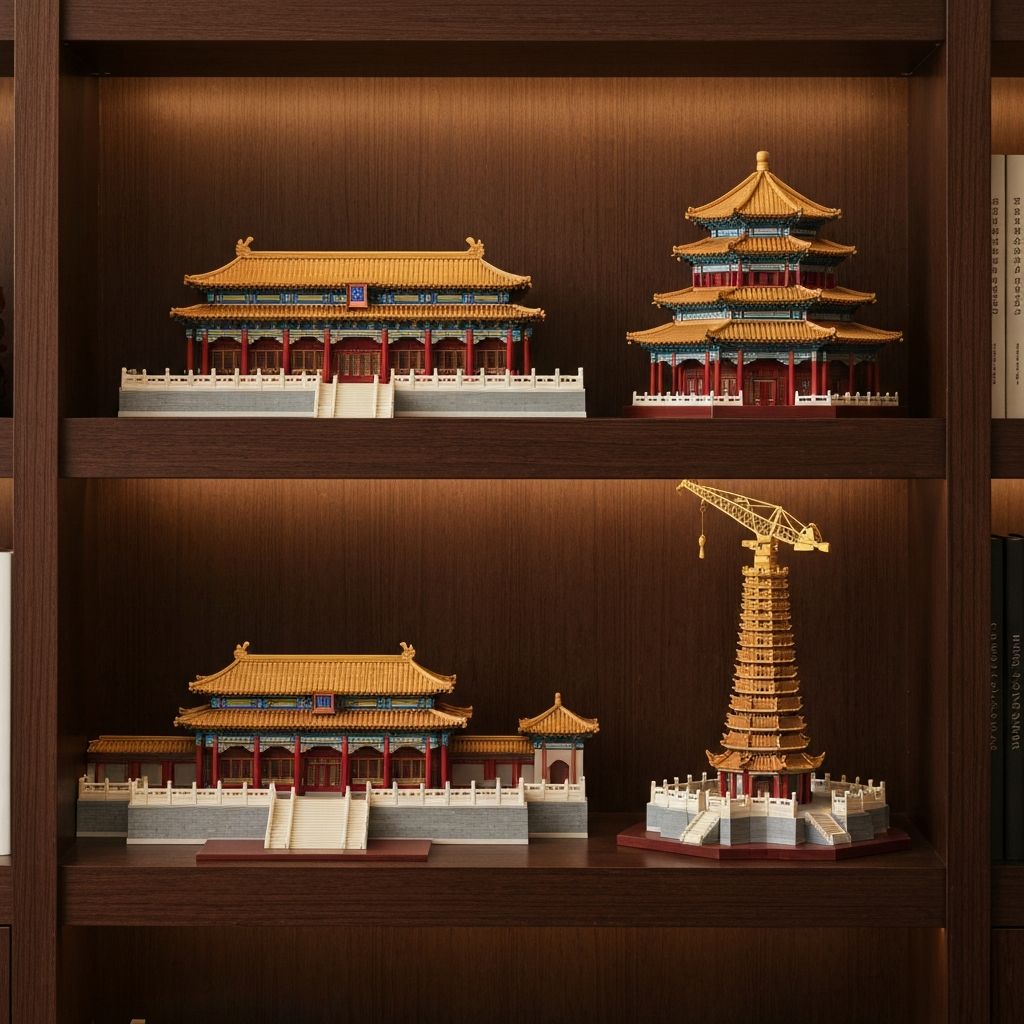 Multiple Zhegao architecture building block models displayed on premium dark wood bookshelves in a sophisticated home office